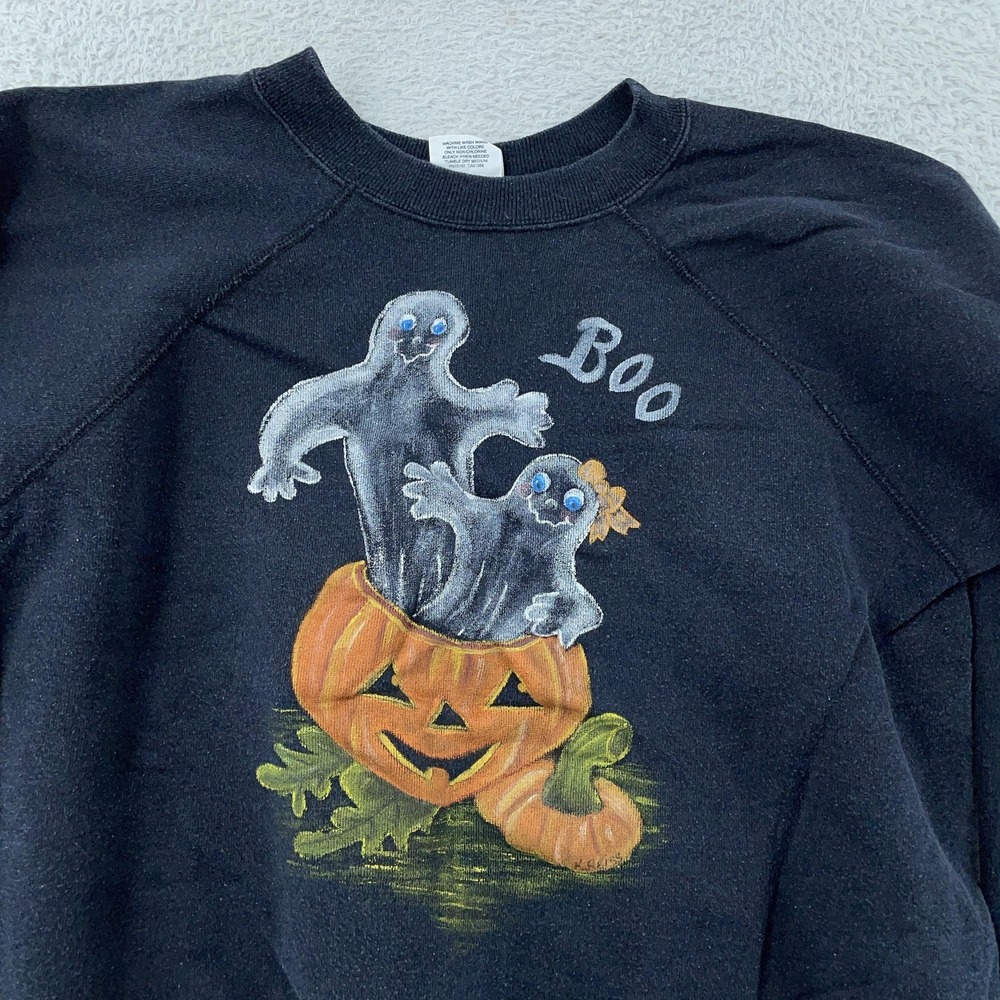 Vintage Halloween Pumpkin Boo Sweatshirt Mens S/M Ghost Black Made in USA 90s